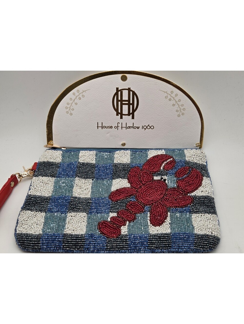 House of Harlow 1960 Beaded Lobster Plaid Wristlet Clutch Travel Pouch NWT